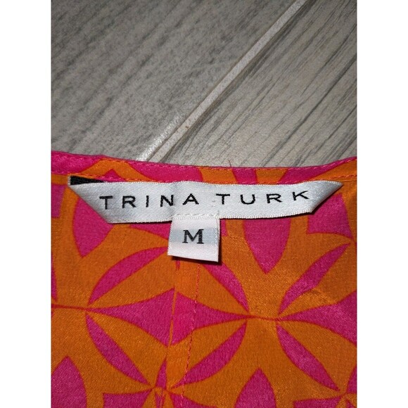 Trina Turk Silk M Tropical Split Neck Blouse Shirt Long Sleeve Pink Orange N37 - Picture 4 of 7